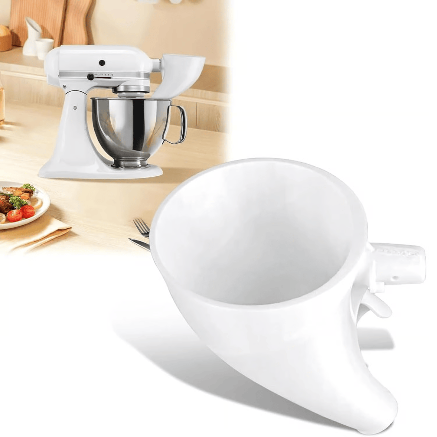 Flour funnel for compatible tilt-head stand mixers