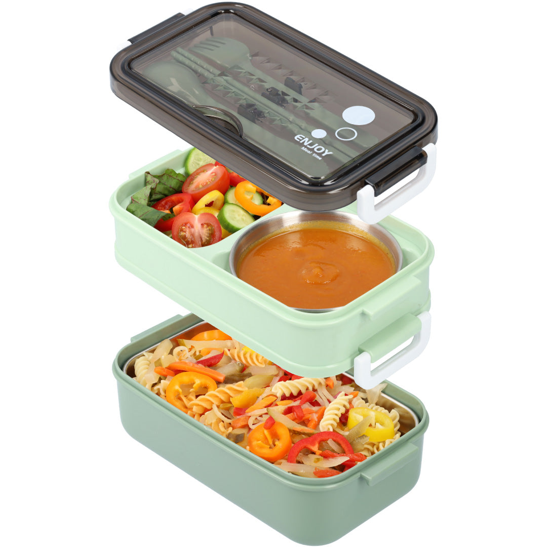 Three-tier lunch box with soup container and reusable cutlery