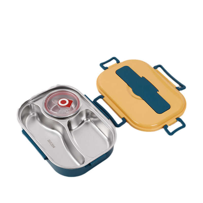 Stainless steel lunch box with three or four compartments