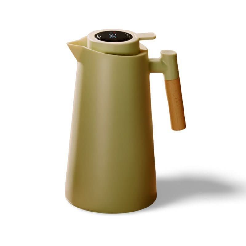 One-liter insulated stainless steel thermos flask with wooden handle