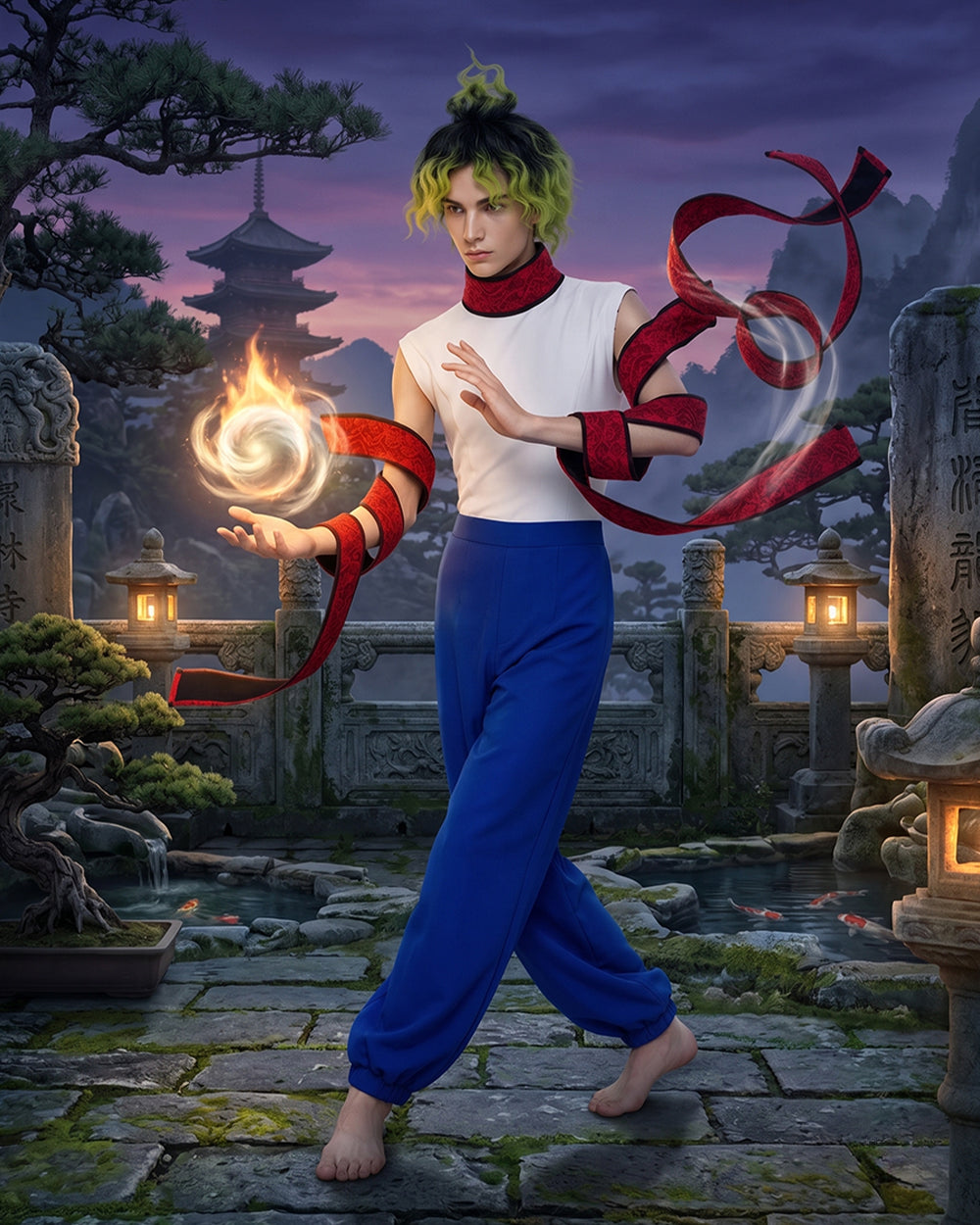 Adult blue baggy pants costume set with red wraps