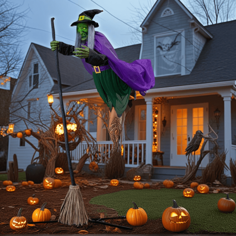 11.5-foot flying witch on broom Halloween decoration