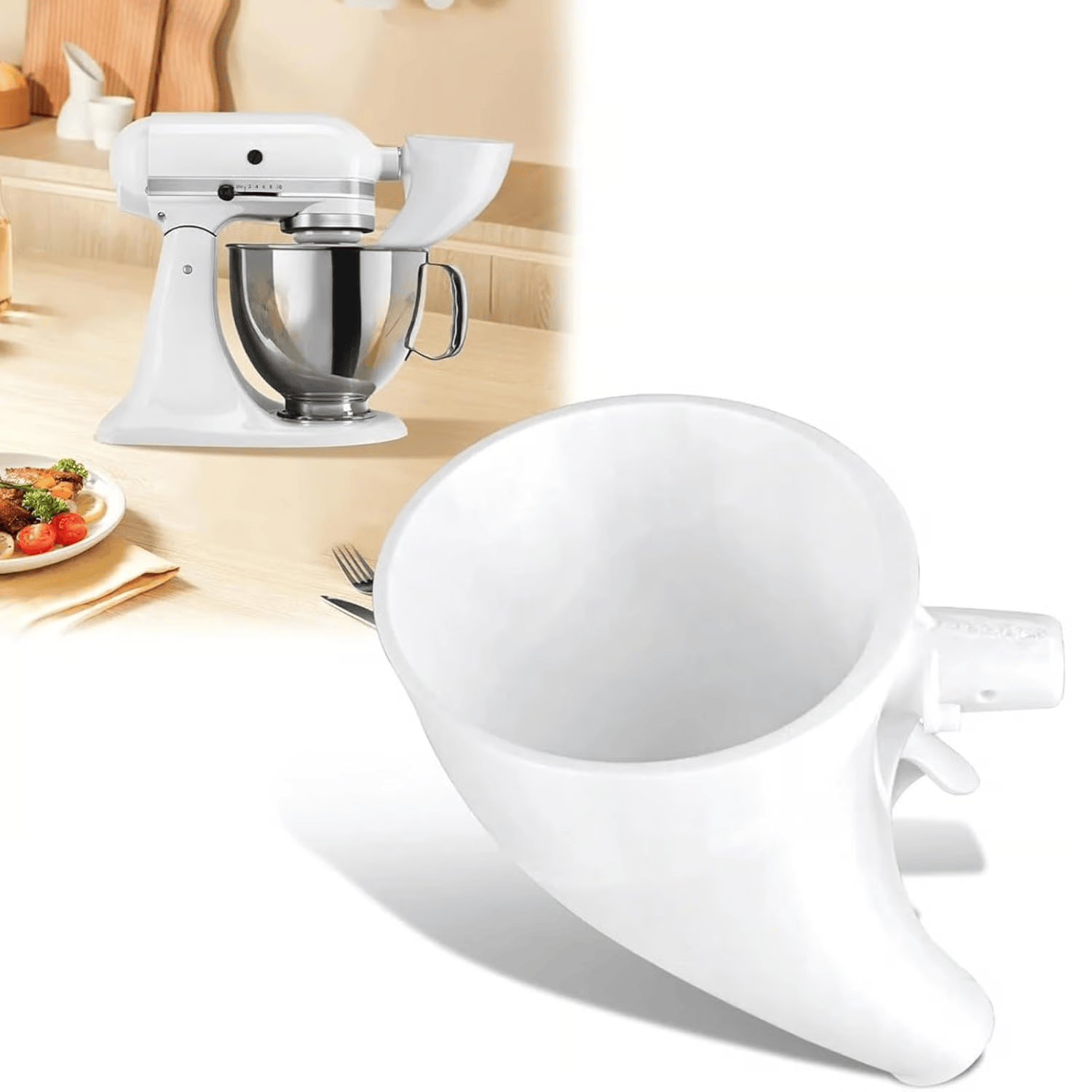 Flour funnel for compatible tilt-head stand mixers