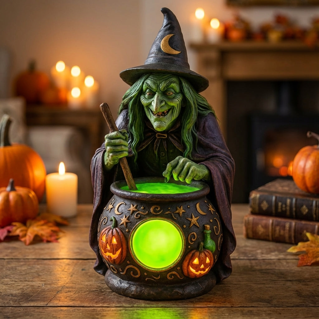 USB-powered glowing cauldron figurine with green LED light
