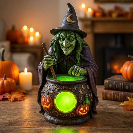 USB-powered glowing cauldron figurine with green LED light