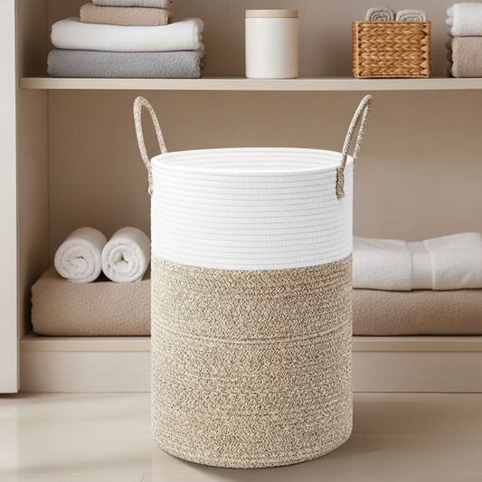 Foldable round laundry basket with carrying handles