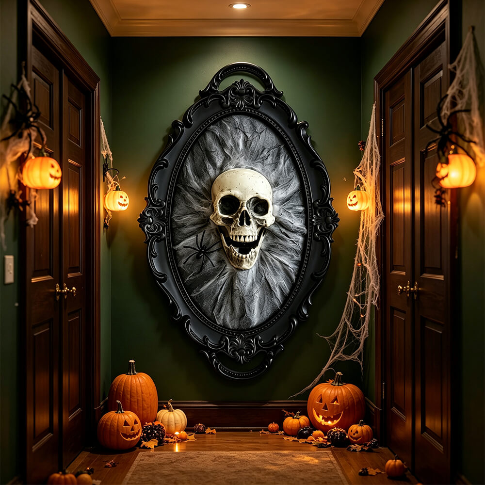 Three-dimensional gothic skull and spider Halloween wall frame