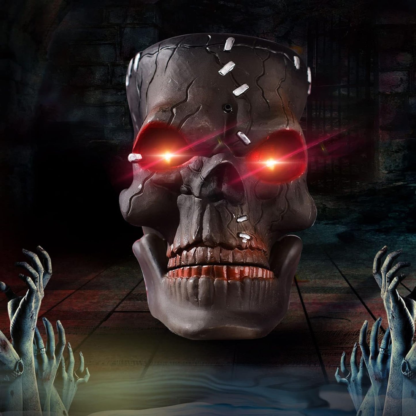 Sound-activated hanging skull Halloween decoration with red LED eyes