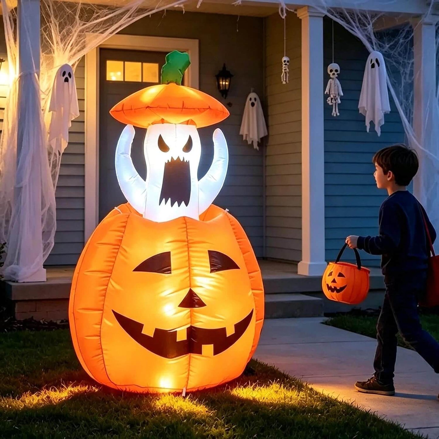 Animated ghost and pumpkin Halloween inflatable with LED lights