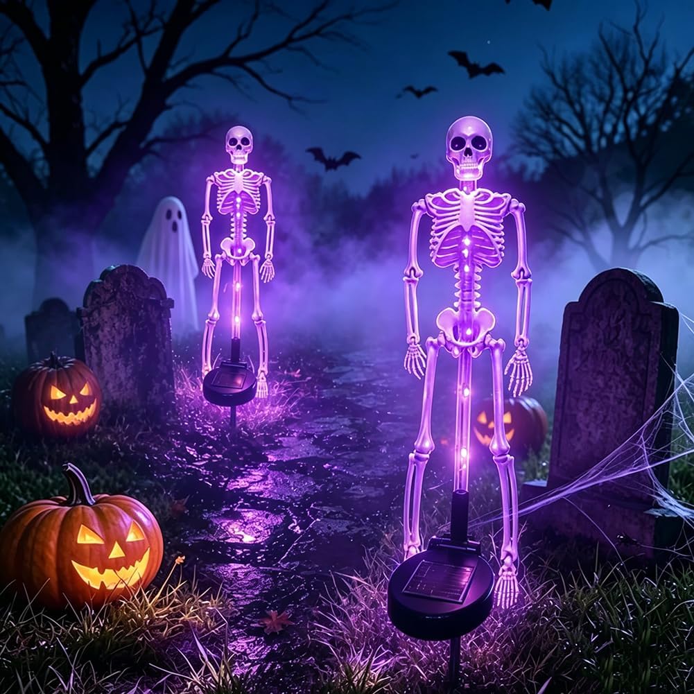 Two-piece solar skeleton LED Halloween yard stake set