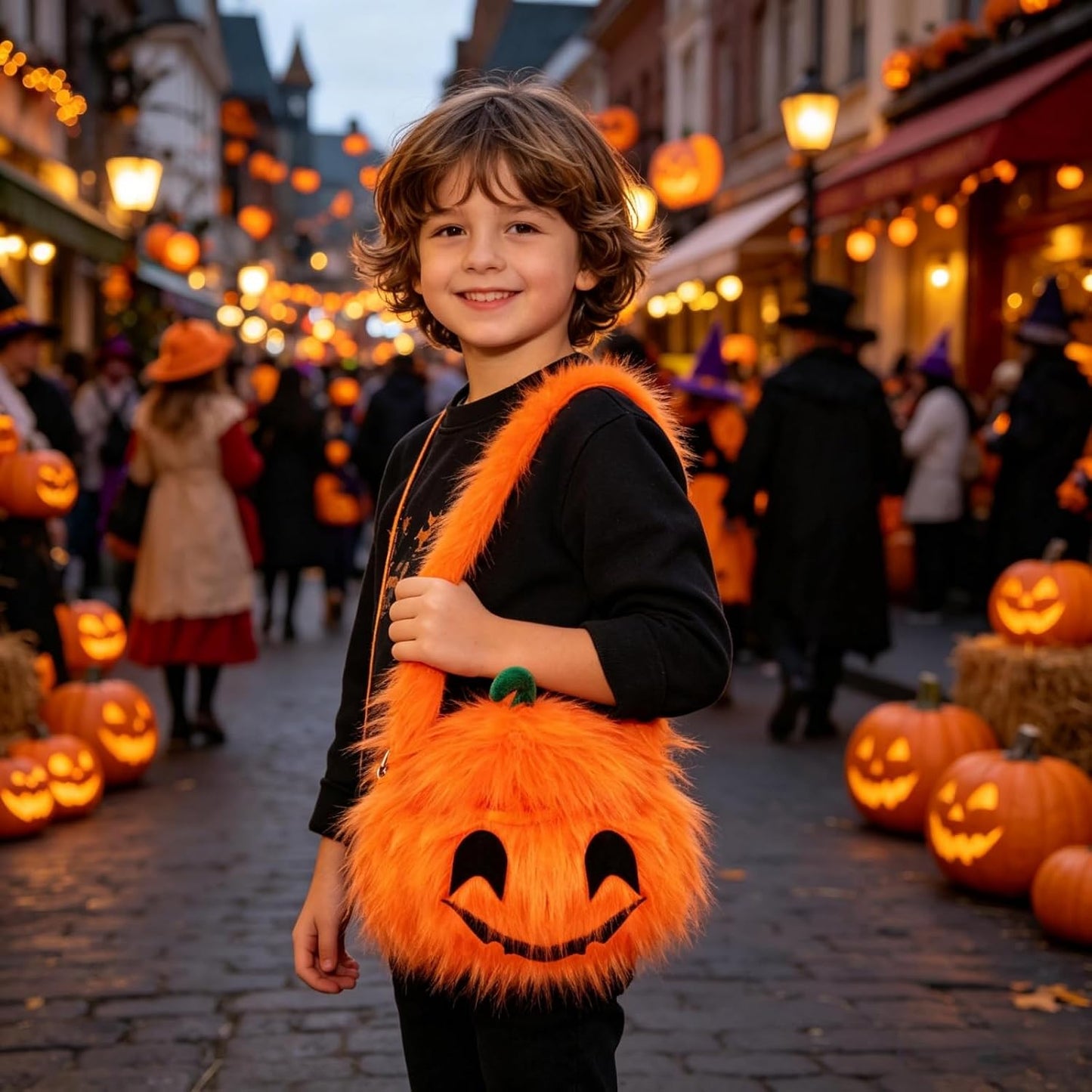 Plush pumpkin candy shoulder bag for Halloween