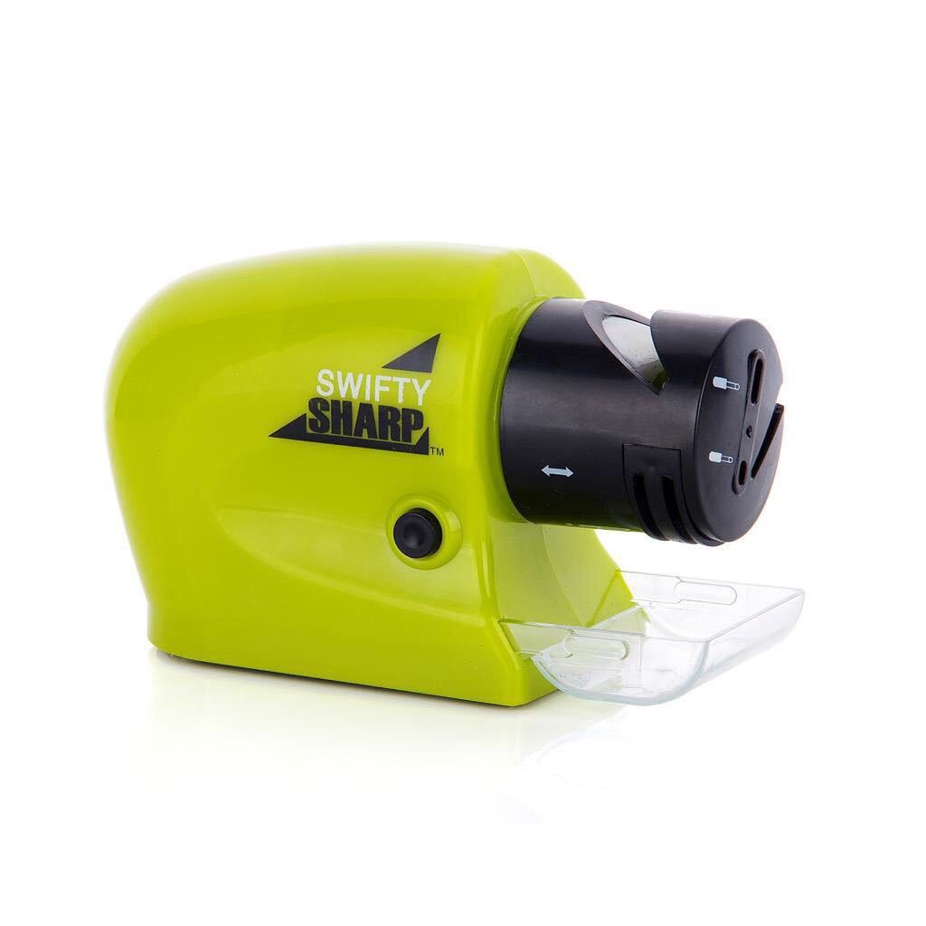 Compact electric knife sharpener with dual guided slots