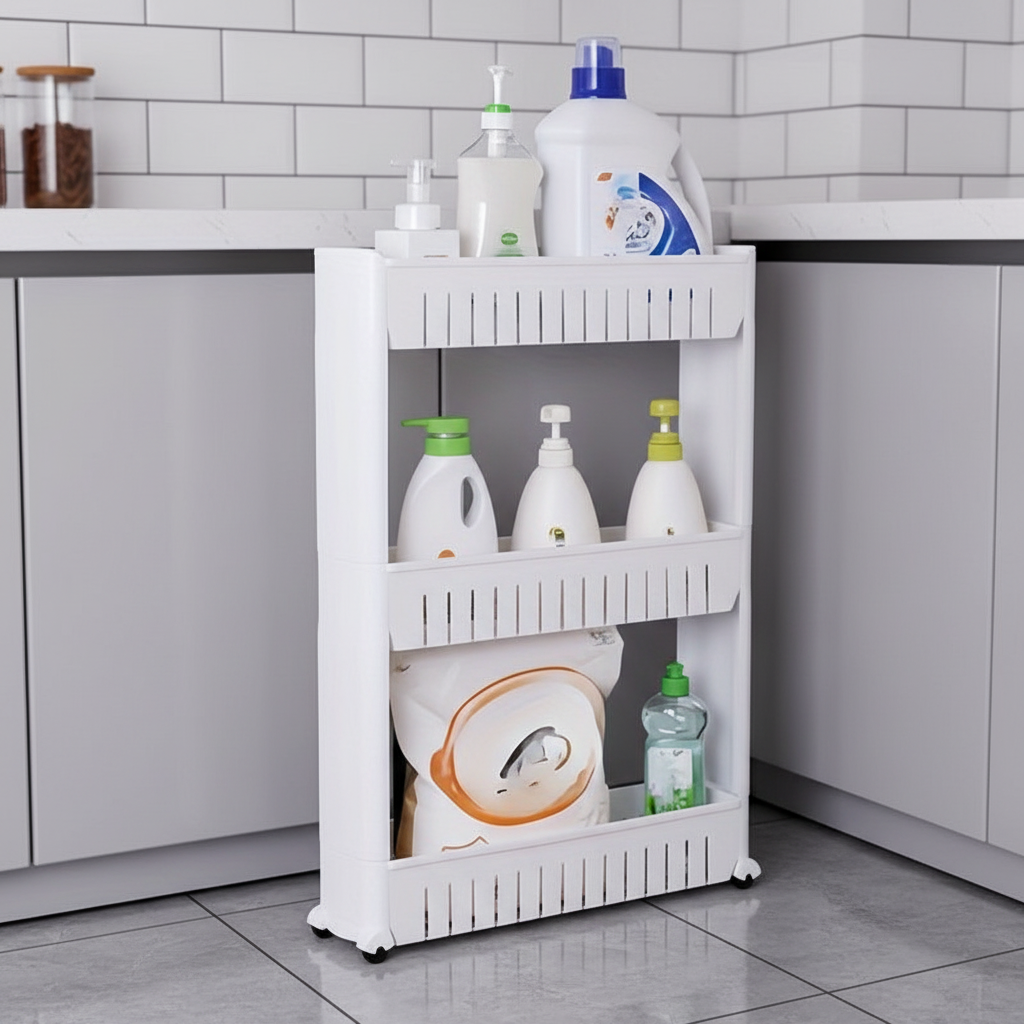 Slim three-tier rolling storage cart with wheels