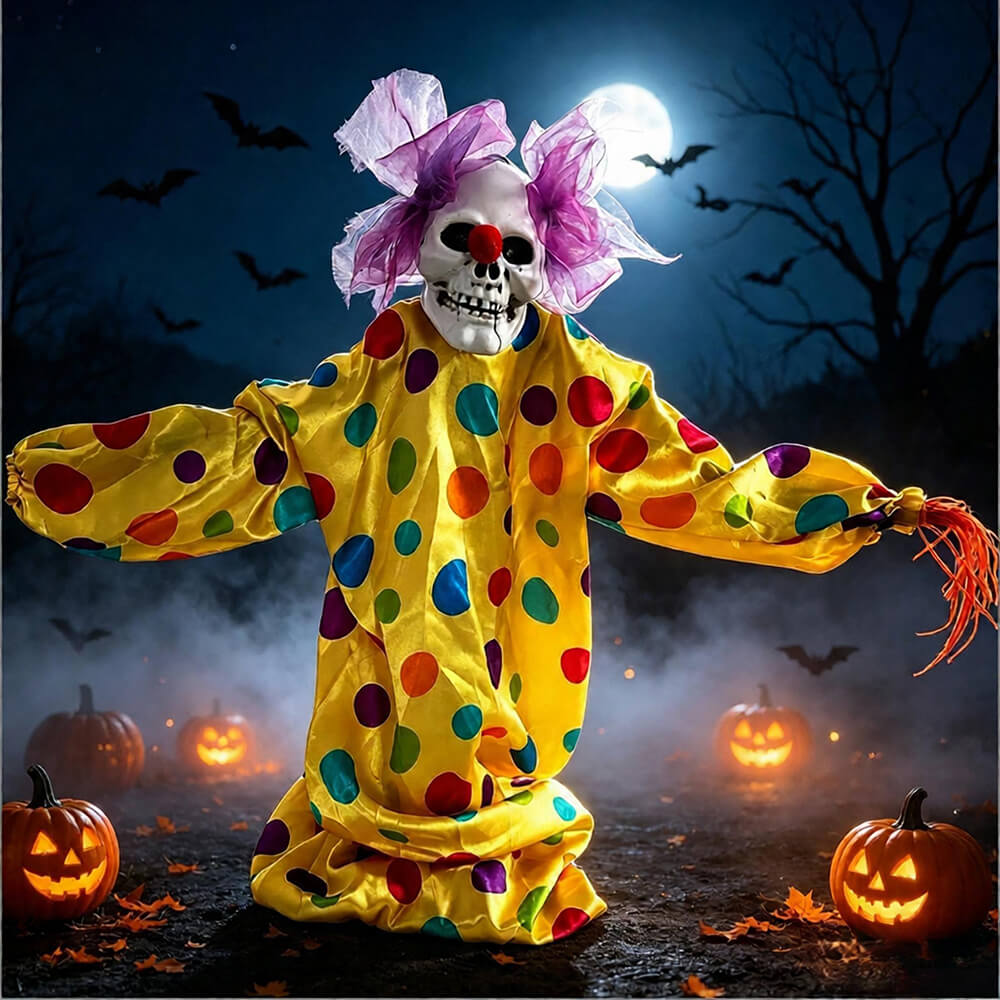 Sound-activated skeleton clown Halloween yard stake