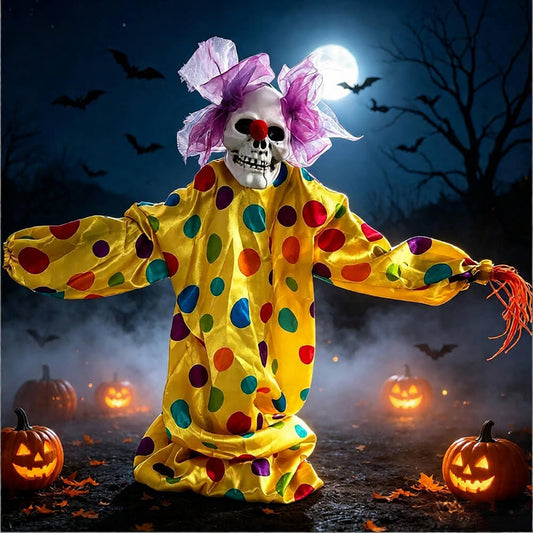 Sound-activated skeleton clown Halloween yard stake