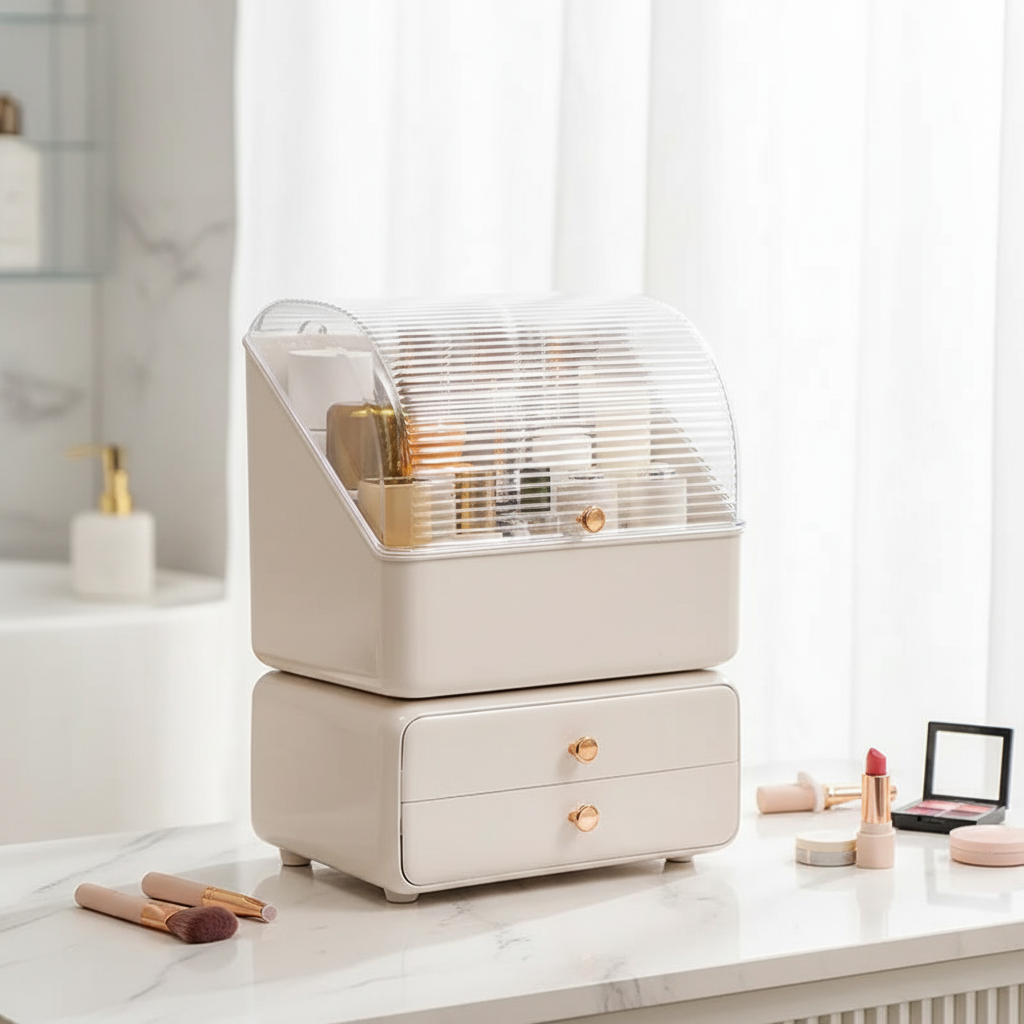 Dustproof makeup organizer with transparent lid and drawers