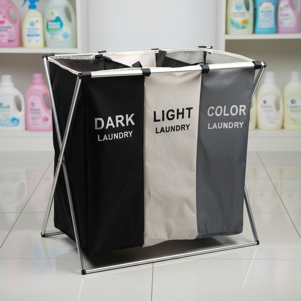 Three-compartment freestanding laundry sorter hamper
