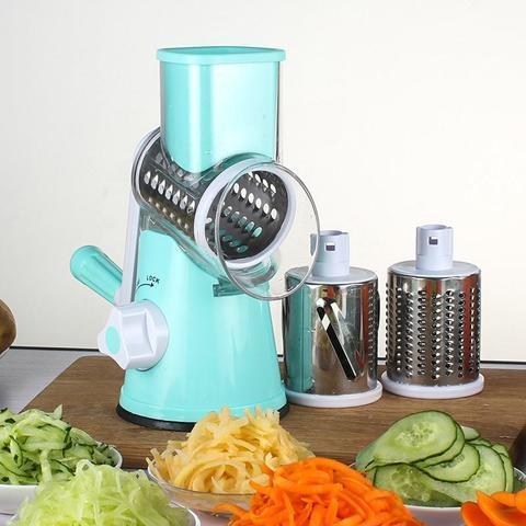 Rotary vegetable slicer with three stainless steel drums