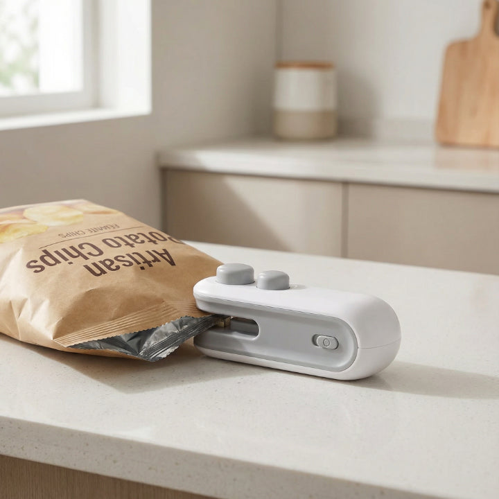 Portable handheld bag sealer for compatible food packaging