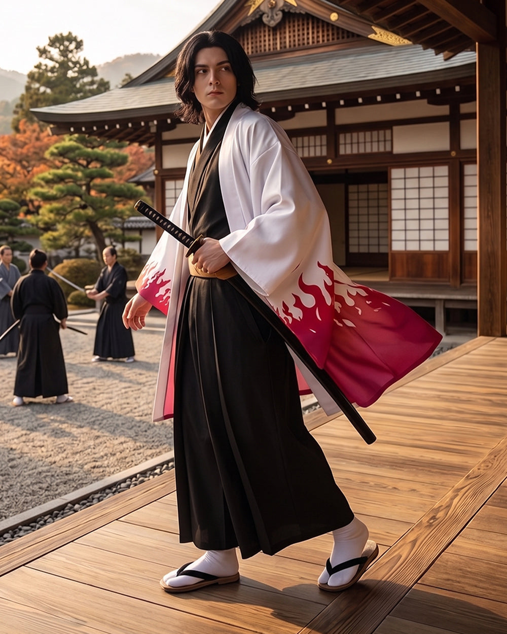 Adult white-to-pink gradient kimono costume set