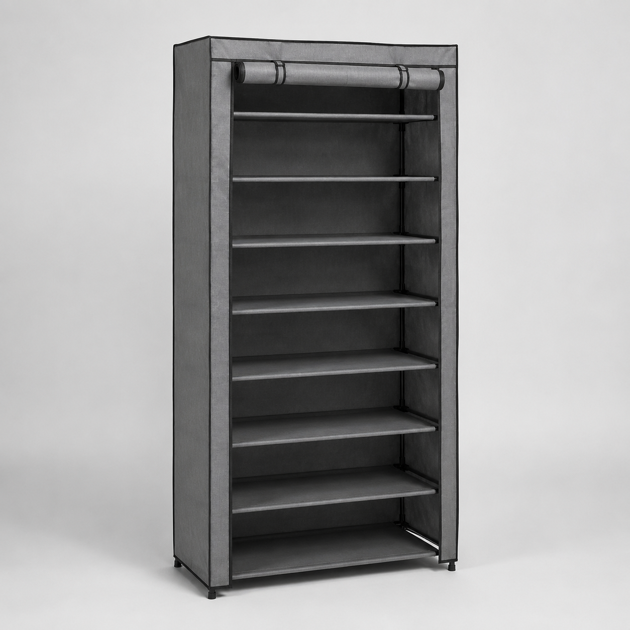 Gray fabric shoe rack with steel frame and multiple tiers
