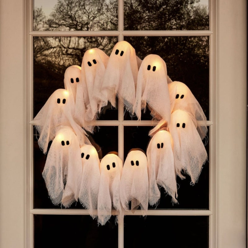 Twelve-LED ghost Halloween wreath
