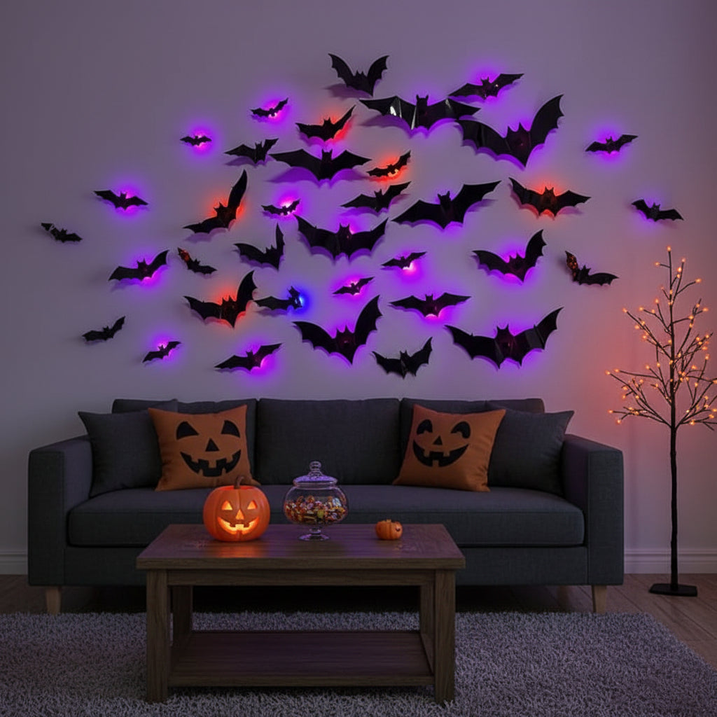 Three-dimensional LED bat Halloween wall decoration set