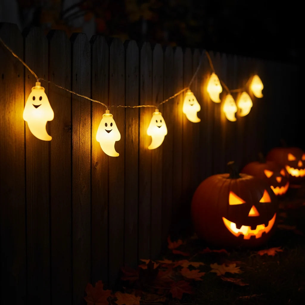 Battery-powered ghost Halloween string lights