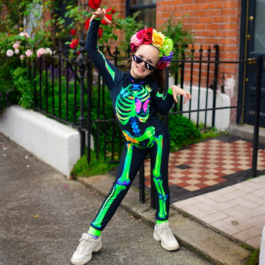 Glow-in-the-dark skeleton costume jumpsuit