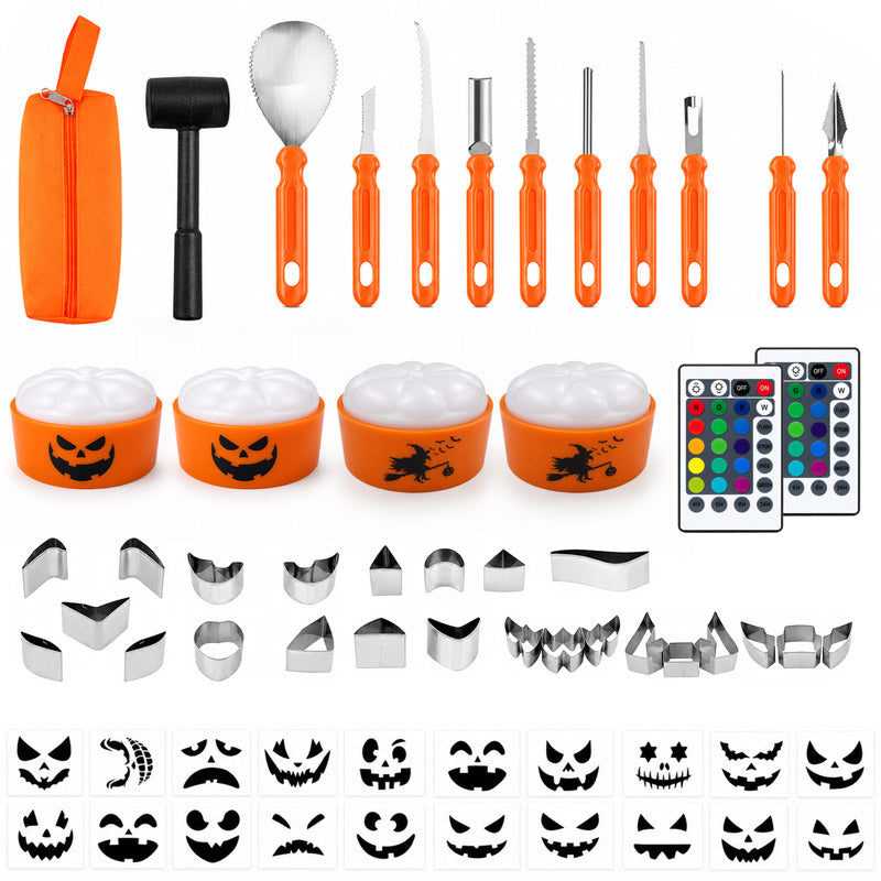 36-piece pumpkin carving kit with 20 stencils and four LED candles