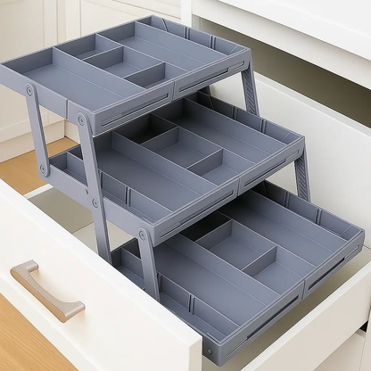 Expandable three-tier drawer organizer with adjustable dividers