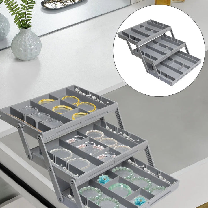 Three-tier drawer organizer shown expanded