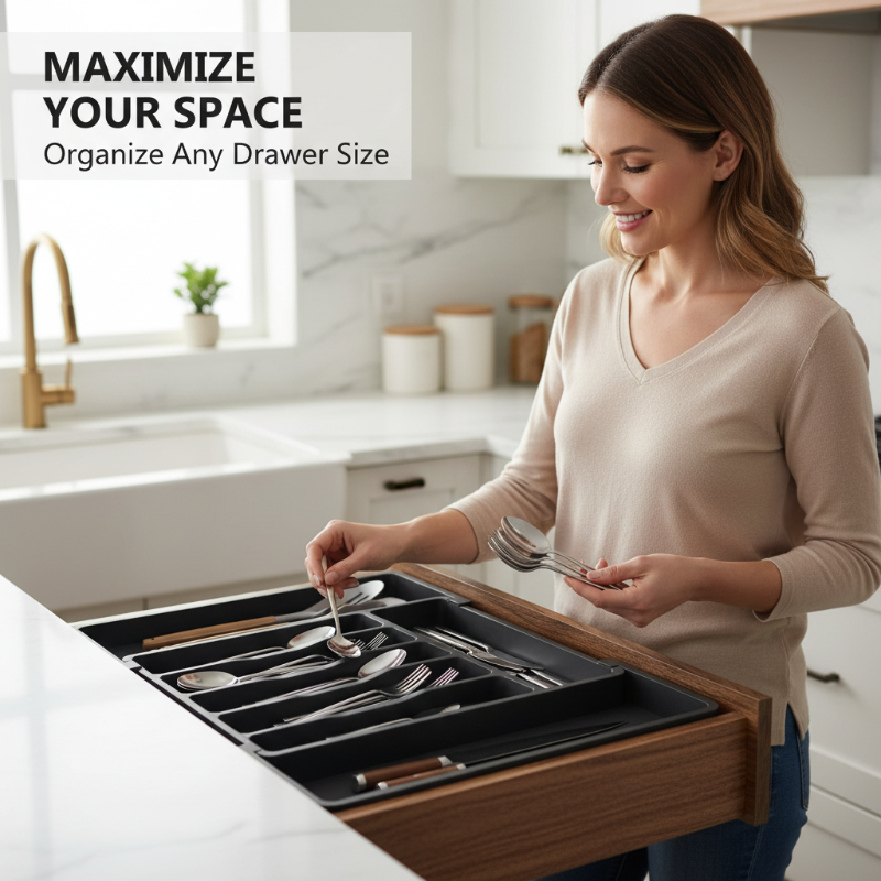 Expandable cutlery tray for kitchen drawers