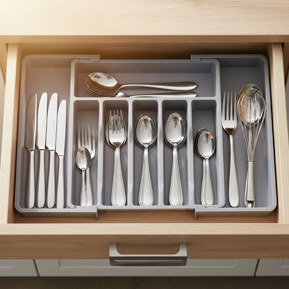 Adjustable kitchen drawer cutlery organizer