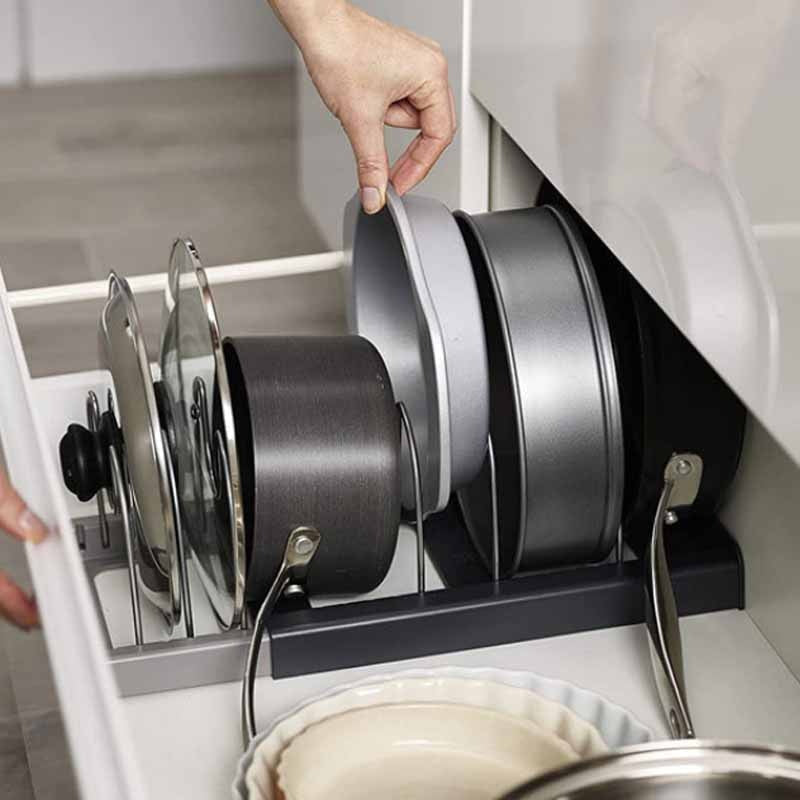 Adjustable cookware organizer for a cabinet