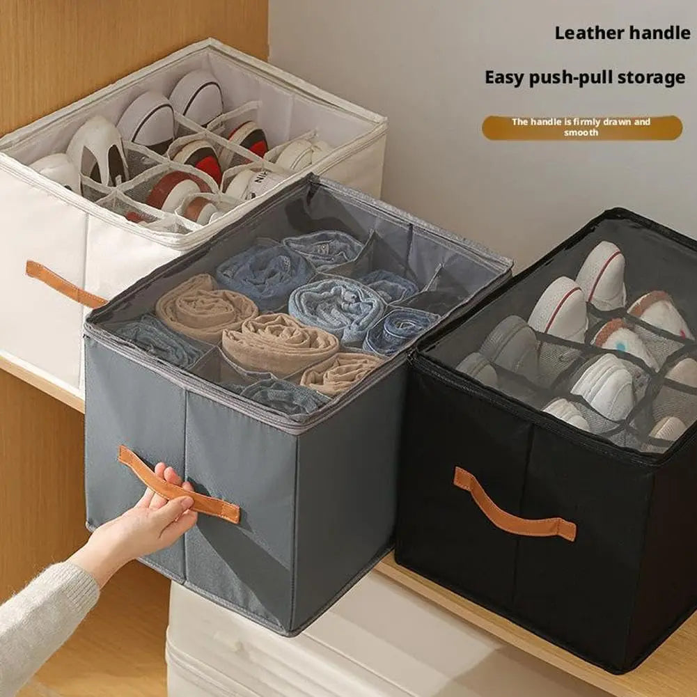 Foldable shoe organizer with transparent lid and pull handle