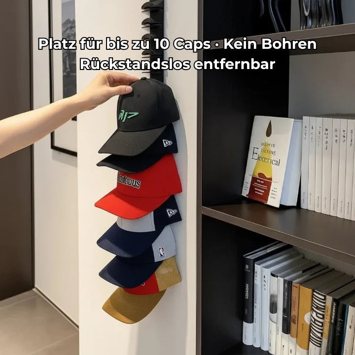 Wall-mounted cap organizer with storage for up to 10 hats