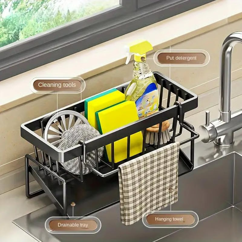 Sink organizer with drip tray and towel bar