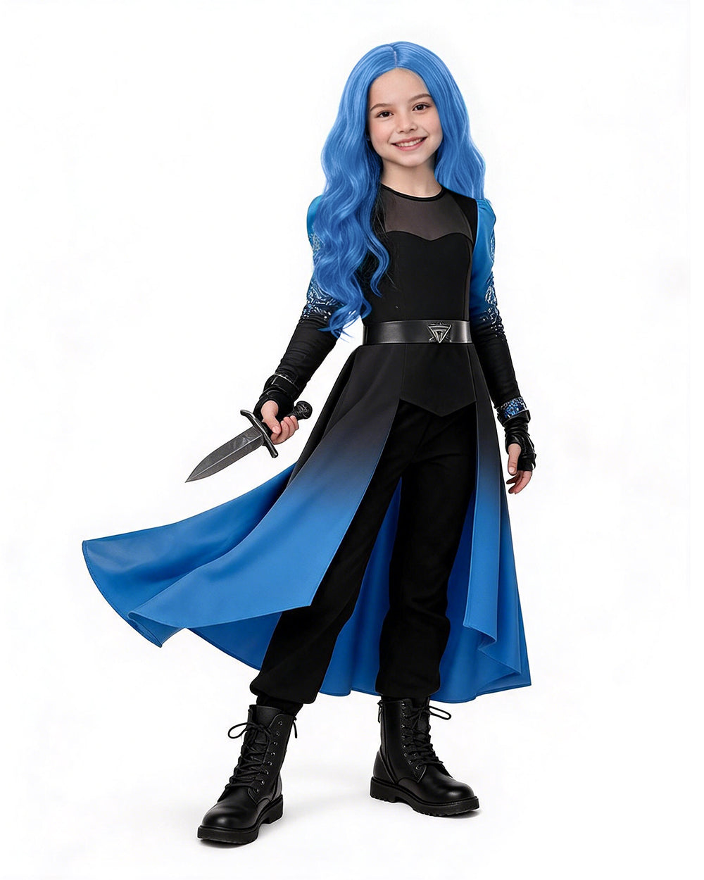 Blue gradient cape costume set with pants belt and gloves