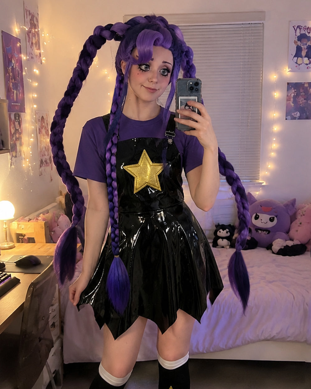 Adult purple horror doll costume set with PU dress and wig