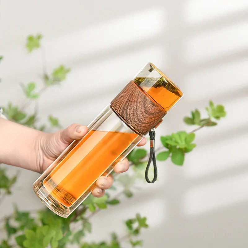 500ml glass tea infuser bottle with wooden-look lid