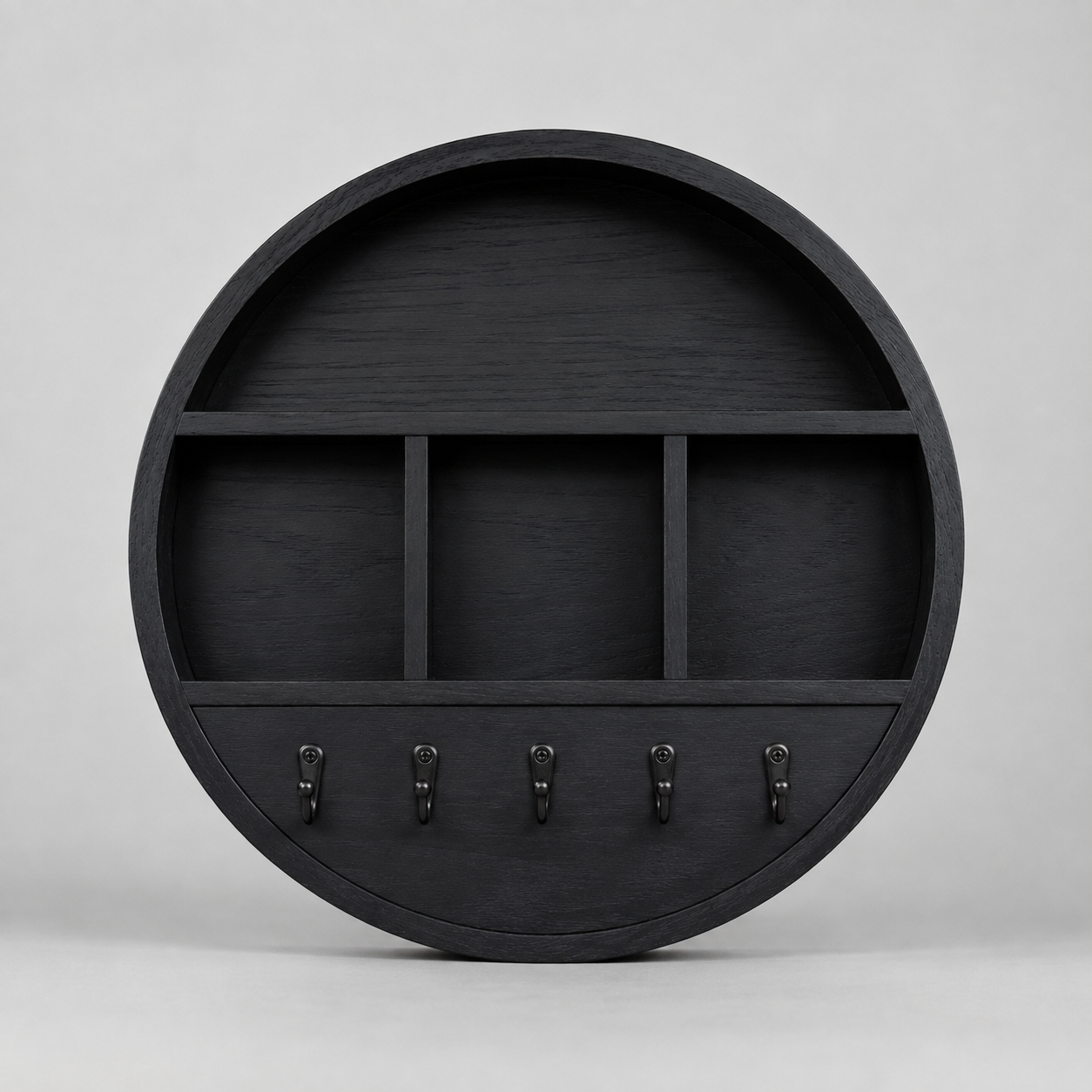 Round wooden wall organizer with key hooks