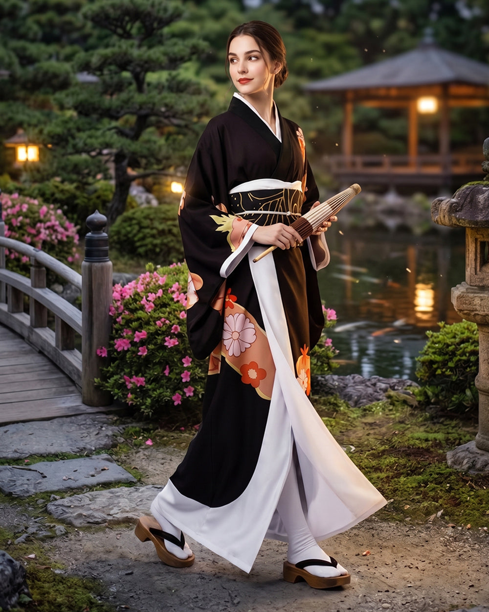 Women's black Japanese-inspired kimono costume set