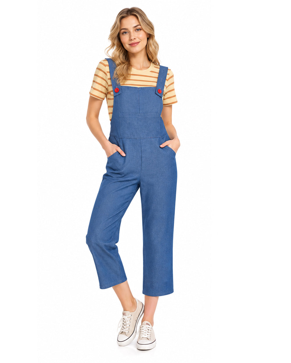 Women's striped shirt and denim-style overalls costume set